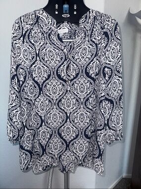 Charter Club Navy and White Printed Blouse